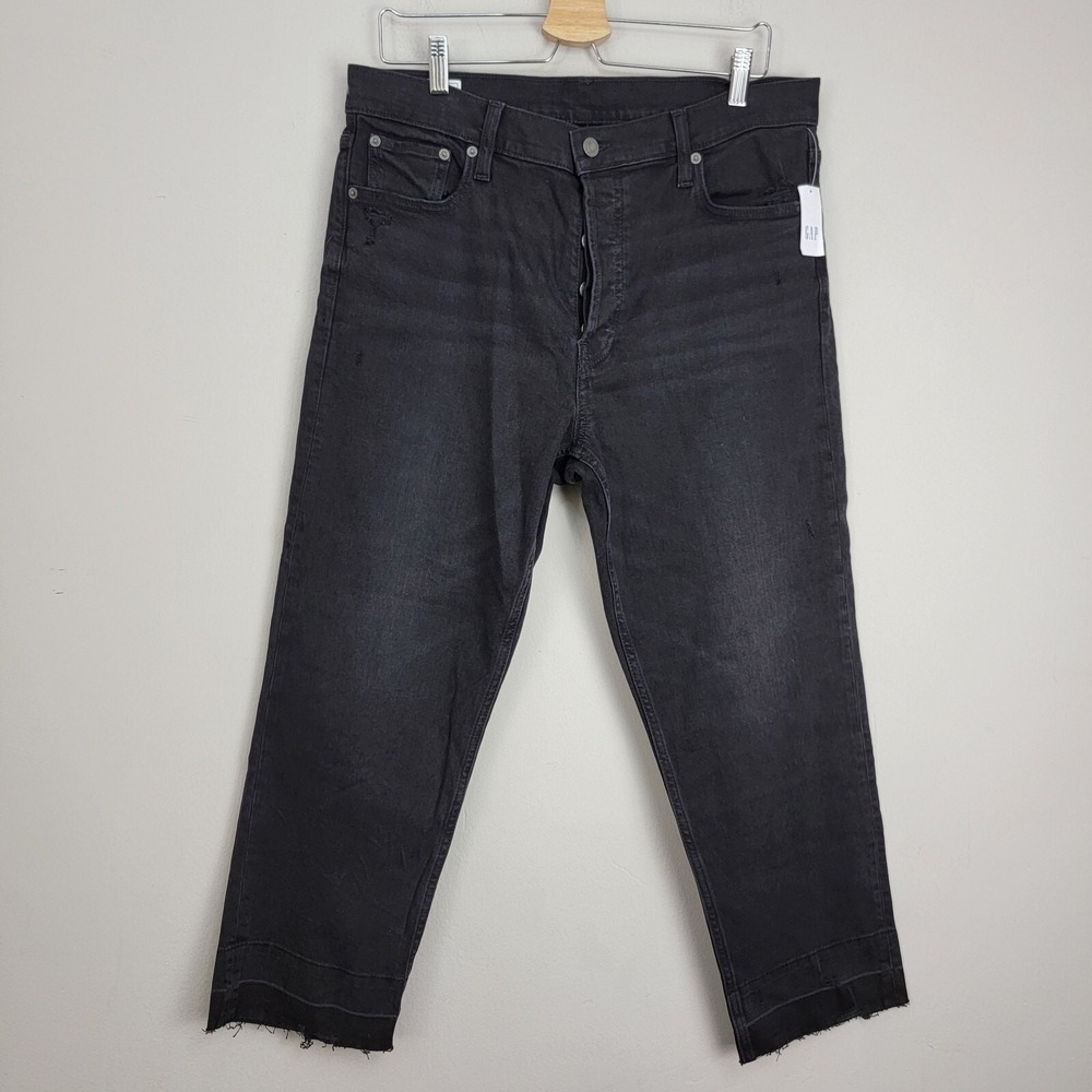 Gap Denim Cheeky Straight High Rise Button Fly Black Jeans Size 32/14R Distress